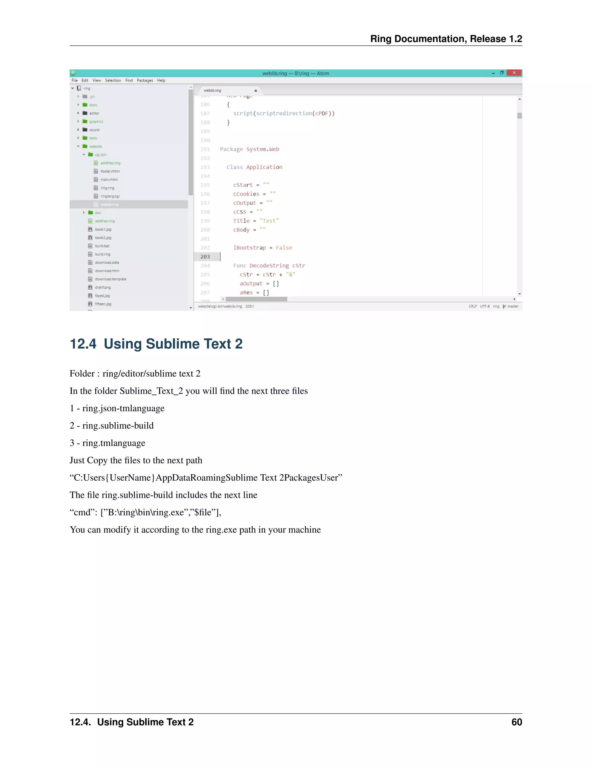 Ring Documentation, Release 1.2
12.4 Using Sublime Text 2
Folder : ring/editor/sublime text 2
In the folder Sublime_Text_2 you will ﬁnd the next three ﬁles
1 - ring.json-tmlanguage
2 - ring.sublime-build
3 - ring.tmlanguage
Just Copy the ﬁles to the next path
“C:Users{UserName}AppDataRoamingSublime Text 2PackagesUser”
The ﬁle ring.sublime-build includes the next line
“cmd”: [”B:ringbinring.exe”,”$ﬁle”],
You can modify it according to the ring.exe path in your machine
12.4. Using Sublime Text 2 60
 