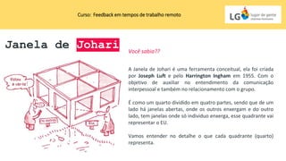 Janela de Johari
A Janela de Johari é uma ferramenta conceitual, ela foi criada
por Joseph Luft e pelo Harrington Ingham em 1955. Com o
objetivo de auxiliar no entendimento da comunicação
interpessoal e também no relacionamento com o grupo.
É como um quarto dividido em quatro partes, sendo que de um
lado há janelas abertas, onde os outros enxergam e do outro
lado, tem janelas onde só individuo enxerga, esse quadrante vai
representar o EU.
Curso: Feedback em tempos de trabalho remoto
Vamos entender no detalhe o que cada quadrante (quarto)
representa.
Você sabia??
 