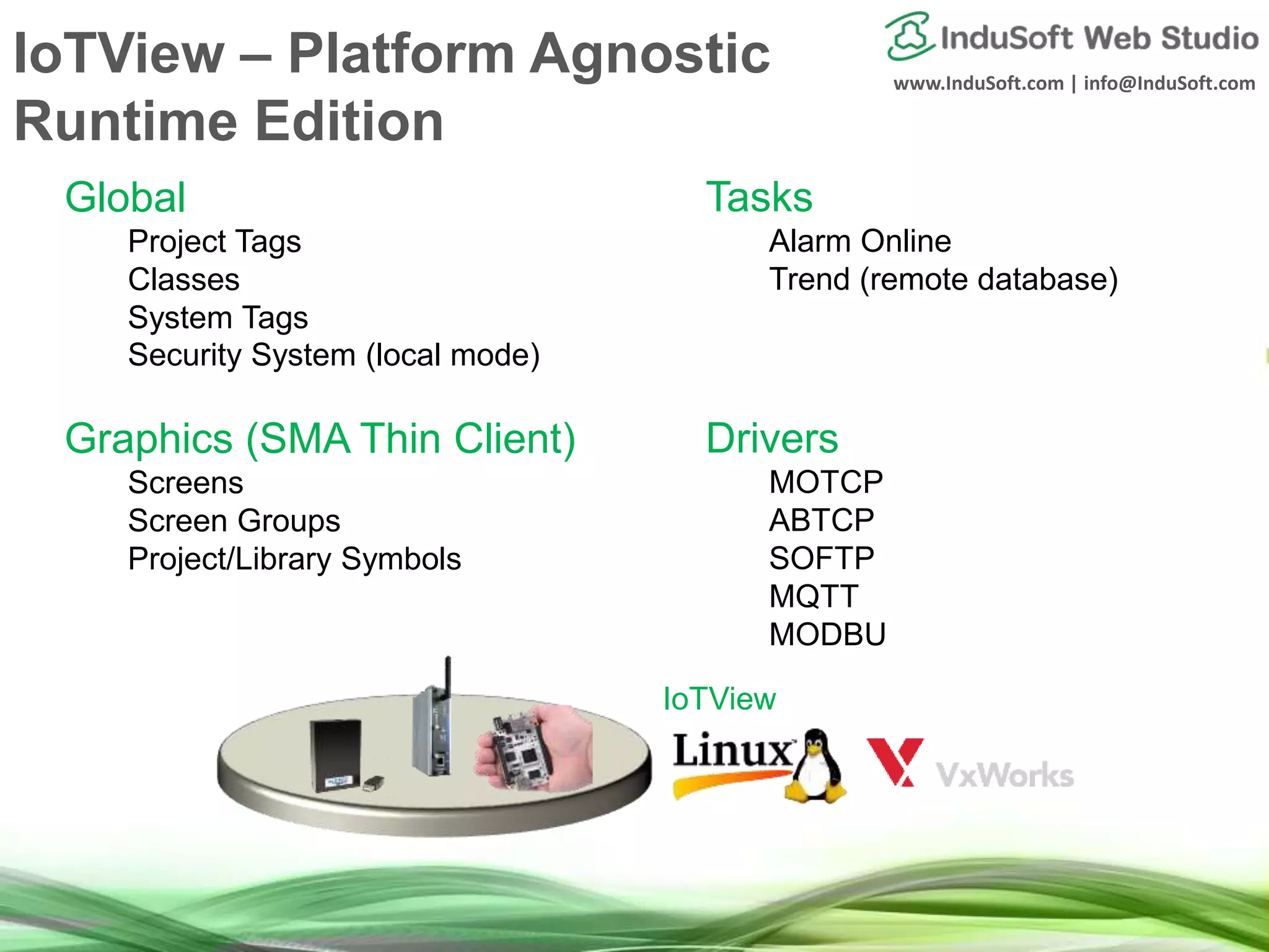 www.InduSoft.com | info@InduSoft.com
IoTView
Global
Project Tags
Classes
System Tags
Security System (local mode)
Graphics (SMA Thin Client)
Screens
Screen Groups
Project/Library Symbols
Tasks
Alarm Online
Trend (remote database)
Drivers
MOTCP
ABTCP
SOFTP
MQTT
MODBU
IoTView – Platform Agnostic
Runtime Edition
 
