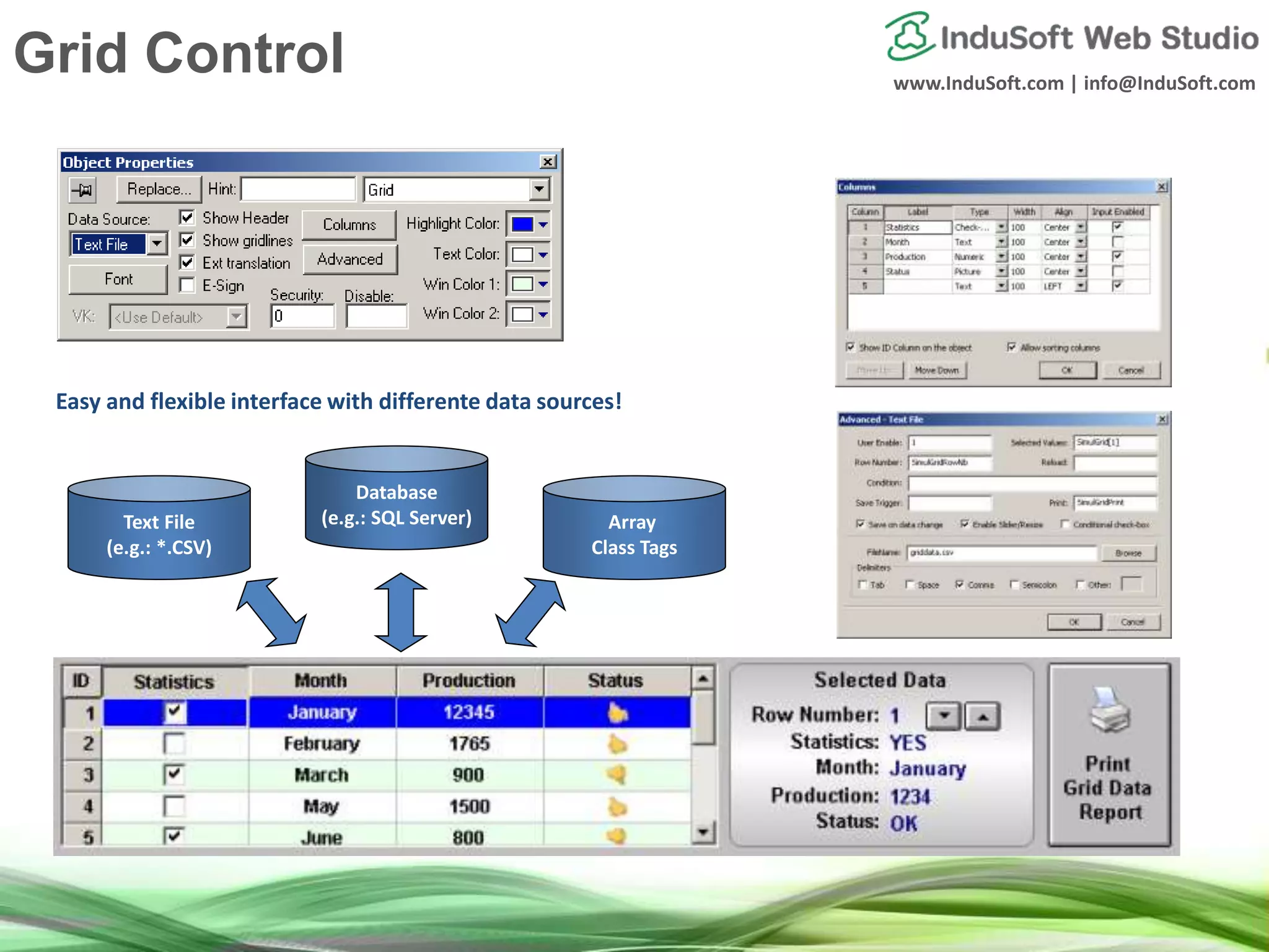 www.InduSoft.com | info@InduSoft.com
Easy and flexible interface with differente data sources!
Text File
(e.g.: *.CSV)
Database
(e.g.: SQL Server) Array
Class Tags
Grid Control
 