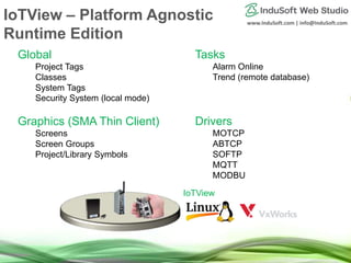 www.InduSoft.com | info@InduSoft.com
IoTView
Global
Project Tags
Classes
System Tags
Security System (local mode)
Graphics (SMA Thin Client)
Screens
Screen Groups
Project/Library Symbols
Tasks
Alarm Online
Trend (remote database)
Drivers
MOTCP
ABTCP
SOFTP
MQTT
MODBU
IoTView – Platform Agnostic
Runtime Edition
 