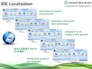 www.InduSoft.com | info@InduSoft.com
Entwickeln Sie Ihr
Projekt in Ihrer Sprache!
Develop your project in
your language!
あなたの言語でプロジェ
クトを開発！
Développez votre projet
dans votre langue!
Desenvolva seu projeto
em seu idioma!
IDE Localization
 
