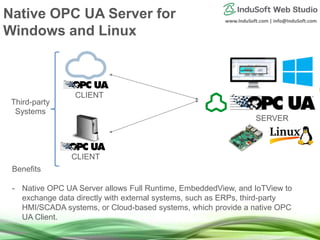 www.InduSoft.com | info@InduSoft.com
Native OPC UA Server for
Windows and Linux
Benefits
- Native OPC UA Server allows Full Runtime, EmbeddedView, and IoTView to
exchange data directly with external systems, such as ERPs, third-party
HMI/SCADA systems, or Cloud-based systems, which provide a native OPC
UA Client.
SERVER
CLIENT
CLIENT
Third-party
Systems
 