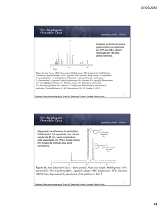07/05/2012




                                                                      Análises de hidrocaronetos
                                                                      poliaromáticos é realizada
                                                                      por HPLC e CEC obtem
                                                                      resolução de 180.000
                                                                      pratos teóricos.




                                                                                              27
Capillary Electrochromatography, Smith N., Beckman Coulter, Londres, Reino Unido




   Separação de isômeros do antibiótico
   Cefalosporin, foi requerida uma coluna
   capilar de 40 cm, seria impraticável
   esta separação por HPLC nesta coluna
   em função da pressão que seria
   necessária.




                                                                                              28
Capillary Electrochromatography, Smith N., Beckman Coulter, Londres, Reino Unido




                                                                                                          14
 
