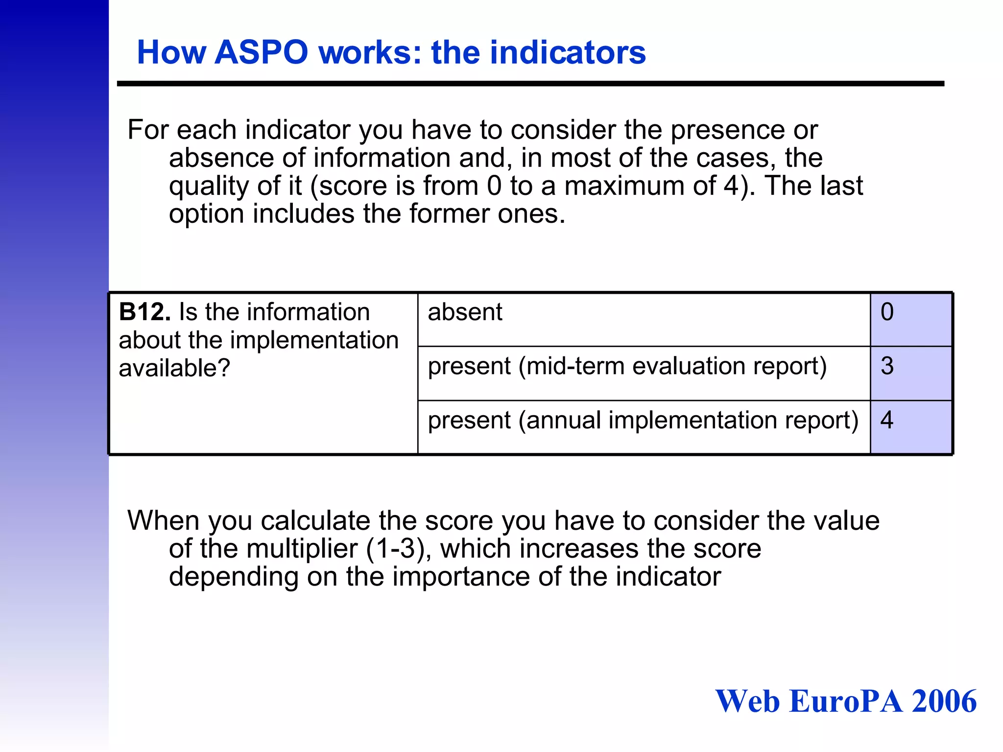 How ASPO works: the indicators   For each indicator you have to consider the presence or absence of information and, in most of the cases, the quality of it (score is from 0 to a maximum of 4). The last option includes the former ones. When you calculate the score you have to consider the value of the multiplier (1-3), which increases the score depending on the importance of the indicator Web EuroPA 2006 B12.  Is the information about the implementation available?  4 present (annual implementation report)   3 present (mid-term evaluation report)   0 absent   