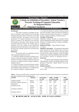 82 RESEARCH ANALYSIS AND EVALUATION
International Indexed & Refereed Research Journal, ISSN 0975-3486, (Print), E- ISSN -2320-5482, Aug- Oct, 2013 (Combind) VOL –V * ISSUE- 47-49
Introduction:
This study is aiming to investigate the atti-
tude of secondary school teachers who are teaching
Computer Education which is relatively a newer idea
in Indian Education. The degree of success of this
programme of Computer Education in secondary
school is expected to be affected by the awareness
and attitude of secondary school teachers towards
Computer Education, because the Teacher plays an
important role in the conduct of any Educational
programme and the performance of the teachers is af-
fected by their attitude towards the curriculum they
are teaching.
Objectives:
The present study was undertaken with the
following general objectives in view.
1. To study the attitudes of teachers working in gov-
ernment, aided and unaided secondary schools to-
wards the teaching of computer education and its di-
mensions i.e. computer anxiety, computer confidence,
computer interest.
2. To study the attitudes of male and female teachers
of secondary schools towards the teaching of com-
puter education and its dimensions i.e. Computer anxi-
ety, computer confidence, computer interest.
Research Paper— Education
Aug- Oct ,2013
AStudy on Attitdudes of Secondary School Teachers
Towards TeachingofComputerEducation
In Belgaum District.
* Damodar E Gayakwad
* Principal.Acharya Deshbhushan college of Education, SHAMANEWADI, (Bedkihal Circle)
3. To study the attitudes of teachers working in urban
and rural secondary schools towards the teaching of
computer education and its dimensions i.e. Computer
anxiety, computer confidence, computer interest.
Variables of The Study:
Dependent Variable: Attitude of secondary schools
teachers IndependentVariable: Dimensions of computer
Education - Computer anxiety, Computer confidence,
Computer interest.
ModerateVariable: 1.Type of School 2.Gender.
3. Location
Population andSample: Thepopulationofthepresent
study consisted of all the teachers those who have
been working in Secondary schools. The total sample
selected for the study comprises of 600 Secondary
school teachers (300 male and300 female) from differ-
ent Secondary schools of Belgaum district .
ToolsUsed:
ComputerAttitude Scale(CAS) developed by
Tahira Khatoon , Reader and Manika Sharma of De-
partment of Education. Aligarh Muslim University,
Aligarh is used.
StatisticalAnalysis
The researcher has used Differential analysis
for the study
Table 1 The mean and SD values of attitude towards computer education and its dimensions of teachers of
secondary schools by types of management.
Variable Summary Government Aided Unaided Total
(n=150) (n=210) (n=240) (n=600)
Attitude towards Means 57.70 59.82 60.64 59.62
teaching computer education Std.Dev. 5.66 4.51 4.21 4.85
Dimensions
Computer anxiety Means 12.62 13.16 13.49 13.16
Std.Dev. 2.88 2.31 2.35 2.50
Computer confidence Means 10.70 11.28 11.36 11.17
Std.Dev. 2.49 2.44 2.37 2.44
Computer interest Means 11.45 12.05 12.08 11.91
Std.Dev. 2.25 2.11 2.06 2.14
 