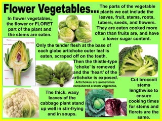 The parts of the vegetable
plants we eat include the
leaves, fruit, stems, roots,
tubers, seeds, and flowers.
They are eaten cooked more
often than fruits are, and have
a lower sugar content.
In flower vegetables,
the flower or FLORET
part of the plant and
the stems are eaten.
Cut broccoli
stems
lengthwise to
ensure
cooking times
for stems and
florets are the
same.
The thick, waxy
leaves of the
cabbage plant stand
up well in stir-frying
and in soups.
Only the tender flesh at the base of
each globe artichoke outer leaf is
eaten, scraped off on the teeth.
Then the thistle-type
‘choke’ is removed
and the ‘heart’ of the
artichoke is exposed.
Artichokes are sometimes
considered a stem vegetable.
 
