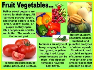 Butternut, acorn,
spaghetti, banana,
hubbard, and
pumpkin are types
of winter squash.
Crookneck, and
zucchini are types
of summer squash
with soft skin and
smaller seeds that
can both be eaten.
Bell or sweet peppers are
named for their shape. All
varieties start out green,
and change colors to red,
green, yellow, cream, or
purple as they ripen.
Chili peppers are smaller
and hotter. The seeds are
the hottest part.
Tomatoes are a type of
berry, ranging in color
from green, to yellow,
to bright red. Large,
green tomatoes can be
fried. Vine-ripened
tomatoes have the
best flavor.
Tomato products include
sauce, paste, and ketchup.
 