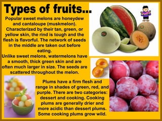 Popular sweet melons are honeydew
and cantaloupe (muskmelon).
Characterized by their tan, green, or
yellow skin, the rind is tough and the
flesh is flavorful. The network of seeds
in the middle are taken out before
eating.
Unlike sweet melons, watermelons have
a smooth, thick green skin and are
often much larger in size. The seeds are
scattered throughout the melon.
Plums have a firm flesh and
range in shades of green, red, and
purple. There are two categories:
dessert and cooking. Cooking
plums are generally drier and
more acidic than dessert plums.
Some cooking plums grow wild.
 