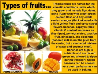 Tropical fruits are named for the
climatic conditions under which
they grow, and include figs, dates,
kiwis (fuzzy skin with bright green-
colored flesh and tiny edible
seeds), mangos (thick-skinned with
a light yellow flesh and spicy-sweet
flavor), bananas, papayas (their
vitamin C content increases as
they ripen), pomegranates, passion
fruit, pineapple, and coconuts
(coconut milk is not the juice from
the center, but a simmered mixture
of water and coconut meat).
POMEGRANATE PAPAYA MANGO
Bananas are high in
nutrients and are picked
green and allowed to ripen
during transport. Green
bananas can be cooked;
very overripe bananas can
be used in baking.
 