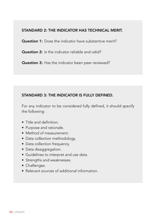 50 | UNAIDS
Standard 2: The indicator has technical merit.
Question 1: Does the indicator have substantive merit?
Question 2: Is the indicator reliable and valid?
Question 3: Has the indicator been peer reviewed?
Standard 3: The indicator is fully defined.
For any indicator to be considered fully defined, it should specify
the following:
• Title and definition.
• Purpose and rationale.
• Method of measurement.
• Data collection methodology.
• Data collection frequency.
• Data disaggregation.
• Guidelines to interpret and use data.
• Strengths and weaknesses.
• Challenges.
• Relevant sources of additional information.
 