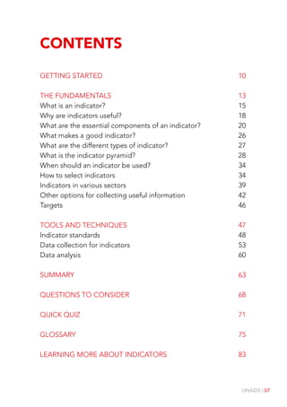 UNAIDS | 07
Contents
Getting Started	 10
The Fundamentals	 13
What is an indicator? 15
Why are indicators useful? 18
What are the essential components of an indicator? 20
What makes a good indicator? 26
What are the different types of indicator? 27
What is the indicator pyramid? 28
When should an indicator be used? 34
How to select indicators 34
Indicators in various sectors 39
Other options for collecting useful information 42
Targets 46
Tools and Techniques	 47
Indicator standards 48
Data collection for indicators 53
Data analysis 60
SUMMARY 63
Questions to consider	 68
Quick quiz 71
Glossary	 75
Learning more about indicators	 83
 