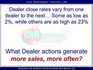 Dealer close rates vary from one dealer to the next… Some as low as 2%, while others are as high as 23% What Dealer actions generate  more sales, more often? 
