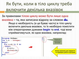 Як бути, коли в тіло циклу треба
включити декілька вказівок
За правилами тілом циклу може бути лише одна
вказівка – та, яка записана відразу за словом do.
Якщо є необхідність (а це буває часто) в тіло циклу
включити декілька вказівок, то їх необхідно помістити
між операторними дужками begin та end, тоді вони
сприйматимуться, як одна вказівка, наприклад:
Результат
виконання
програми
Клікни малюнок для відкриття
та перевірки роботи програми
 