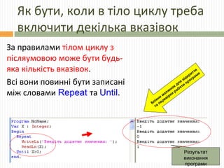 Як бути, коли в тіло циклу треба
включити декілька вказівок
За правилами тілом циклу з
післяумовою може бути будь-
яка кількість вказівок.
Всі вони повинні бути записані
між словами Repeat та Until.
Результат
виконання
програми
Клікни
малю
нок для
відкриття
та
перевірки
роботи
програми
 