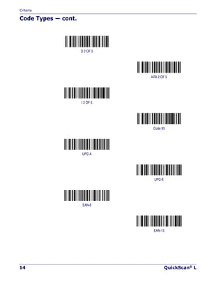 Criteria
14 QuickScan® L
Code Types — cont.
D 2 OF 5
IATA 2 OF 5
I 2 OF 5
Code 93
UPC-A
UPC-E
EAN-8
EAN-13
 