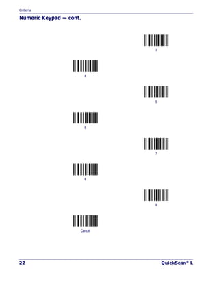 Criteria
22 QuickScan® L
Numeric Keypad — cont.
3
4
5
6
7
8
9
Cancel
 
