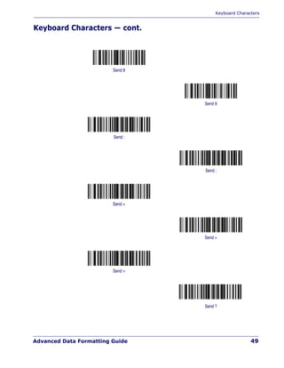 Keyboard Characters
Advanced Data Formatting Guide 49
Keyboard Characters — cont.
Send 8
Send 9
Send :
Send ;
Send <
Send =
Send >
Send ?
 