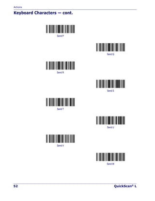 Actions
52 QuickScan® L
Keyboard Characters — cont.
Send P
Send Q
Send R
Send S
Send T
Send U
Send V
Send W
 