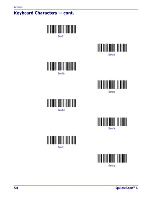 Actions
54 QuickScan® L
Keyboard Characters — cont.
Send `
Send a
Send b
Send c
Send d
Send e
Send f
Send g
 