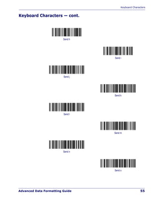 Keyboard Characters
Advanced Data Formatting Guide 55
Keyboard Characters — cont.
Send h
Send i
Send j
Send k
Send l
Send m
Send n
Send o
 
