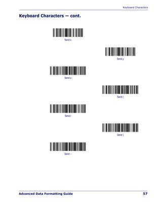 Keyboard Characters
Advanced Data Formatting Guide 57
Keyboard Characters — cont.
Send x
Send y
Send z
Send {
Send |
Send }
Send ~
 