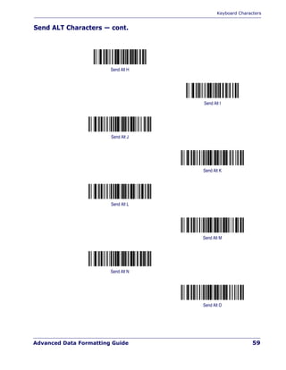 Keyboard Characters
Advanced Data Formatting Guide 59
Send ALT Characters — cont.
Send Alt H
Send Alt I
Send Alt J
Send Alt K
Send Alt L
Send Alt M
Send Alt N
Send Alt O
 