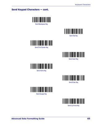 Keyboard Characters
Advanced Data Formatting Guide 65
Send Keypad Characters — cont.
Send Backspace Key
Send Tab Key
Send Print Screen Key
Send Insert Key
Send Home Key
Send Enter Key
Send Escape Key
Send Up Arrow Key
 