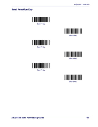 Keyboard Characters
Advanced Data Formatting Guide 67
Send Function Key
Send F1 Key
Send F2 Key
Send F3 Key
Send F4 Key
Send F5 Key
Send F6 Key
 