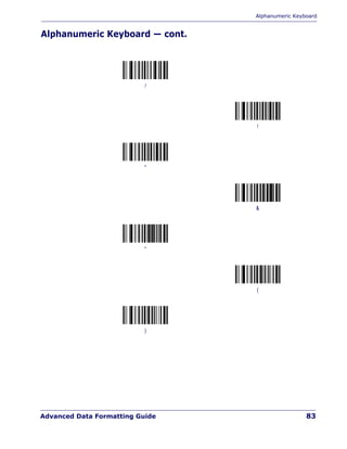 Alphanumeric Keyboard
Advanced Data Formatting Guide 83
Alphanumeric Keyboard — cont.
/
!
“
&
“
(
)
 