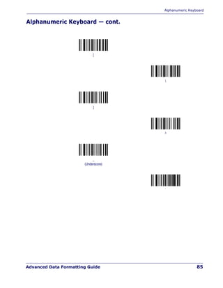 Alphanumeric Keyboard
Advanced Data Formatting Guide 85
Alphanumeric Keyboard — cont.
[

]
^
_
(Underscore)
`
 