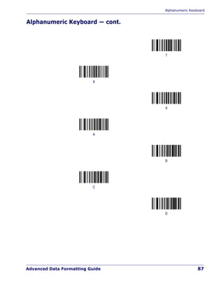 Alphanumeric Keyboard
Advanced Data Formatting Guide 87
Alphanumeric Keyboard — cont.
7
8
9
A
B
C
D
 