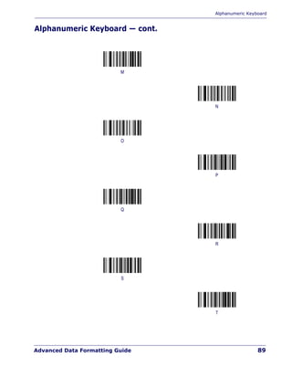 Alphanumeric Keyboard
Advanced Data Formatting Guide 89
Alphanumeric Keyboard — cont.
M
N
O
P
Q
R
S
T
 