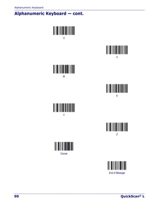 Alphanumeric Keyboard
90 QuickScan® L
Alphanumeric Keyboard — cont.
U
V
W
X
Y
Z
Cancel
End of Message
 
