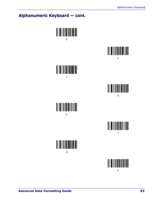 Alphanumeric Keyboard
Advanced Data Formatting Guide 91
Alphanumeric Keyboard — cont.
a
b
c
d
e
f
g
h
 