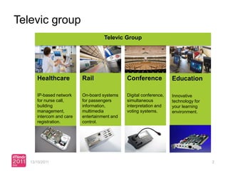 Televic group
                                    Televic Group




      Healthcare          Rail                Conference            Education

      IP-based network    On-board systems    Digital conference,   Innovative
      for nurse call,     for passengers      simultaneous          technology for
      building            information,        interpretation and    your learning
      management,         multimedia          voting systems.       environment.
      intercom and care   entertainment and
      registration.       control.




   13/10/2011                                                                        2
 