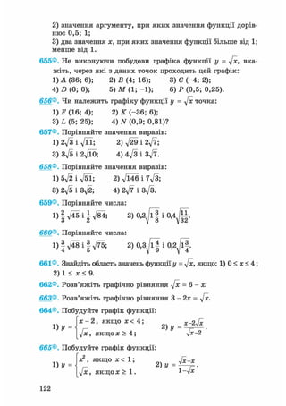 2) значення аргументу, при яких значення функції дорів-
нює 0,5; 1;
3) два значення х, при яких значення функції більше від 1;
менше від 1.
655®. Не виконуючи побудови графіка функції у = -Jx, вка-
жіть, через які з даних точок проходить цей графік:
1) А (36; 6); 2) В (4; 16); 3) С (-4; 2);
4) D (0; 0); 5) М (1; -1); 6) Р (0,5; 0,25).
656®. Чи належить графіку функції у = у[х точка:
1) F (16; 4); 2) К (-36; 6);
3) L (5; 25); 4) N (0,9; 0,81)?
657®. Порівняйте значення виразів:
1) 2д/з і д/її; 2) д/29 і 2 ^ ;
3) Зд/5 і 2<Д0; 4) 4^3 і 3^7.
658®. Порівняйте значення виразів:
1) 5д/2 і д/5Ї; 2) д/Ї46 і 7д/3;
3) 2д/5 і Зд/2; 4) 2^7 і Зд/З.
659®. Порівняйте числа:
1) § ^45 і І V84; 2) 0 , 2 і
660®. Порівняйте числа:
1) J д/48 і І д/75; 2) 0,3^ї| і 0,2 j l | .
661®. Знайдіть область значень функції у = у[х, якщо: 1) 0 < х < 4;
2) 1 < ж < 9.
662®. Розв'яжіть графічно рівняння *Jx = 6 - х.
663®. Розв'яжіть графічно рівняння 3 - 2х = у[х.
664®. Побудуйте графік функції:
Іх - 2, якщо х< 4; r_o [Z
г ' 2
yjx, я к щ о х > 4 ; ліх-2.
665®. Побудуйте графік функції:
1)У =
аг2, якщо х< 1;
г ' у ~ ї—г'
yjx, якщо Л: > 1.
122
 