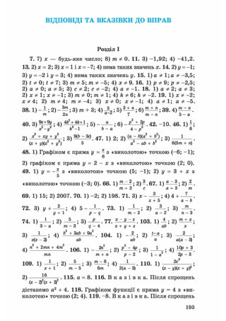 ВІДПОВІДІ ТА В К А З І В К И ДО В П Р А В
Розділ І
7. 7) х — будь-яке число; 8) т Ф 0. 11. 3) -1,92; 4) -41,2
13. 2) х = 2; 3) х = 1 і х = -7; 4) нема таких значень х. 14. 2) у = -1
3) у = -2 і у = 3; 4) нема таких значень у. 15. 1) а Ф 1; а Ф -3,5
2) t Ф 0; t Ф 7; 3) т Ф 5; т Ф -5; 4) х Ф 9. 16. 1) р Ф 9; р Ф -2,5
2) а Ф 0; а Ф 5; 3) с Ф 2; с Ф -2; 4) а Ф -1. 18. 1) а Ф 2; а Ф З
2) х Ф 1; х Ф -1; 3) т Ф 0; т Ф 1; 4) k Ф 6; k Ф -2. 19. 1) х Ф - 2
ж * 4; 2) 771*4; m Ф -4; 3) х * 0; х Ф -1; 4) а Ф 1; а Ф-5
38.1) - А; 2) - — ; 3) т + 3; 4) Д , ; 5) ^ ; 6) ; 39. 4) ^ ^ .
m 2л а z 7 тге-п 5 - а
40. 3 ) ^ ; 4 ) ^ ^ + 1 ; 5 ) ; 6 ) . 42. -10. 46. 1)^;
х-іГ ft -1 &-а 4 - р 6
2 ) 1 ± Ж ± 4 ; 3 ) М . 4 7 . і ) 2 ; 2 ) (а - Ь)(а2
+ Ь2), 3 )
(ж + г/)(я:2 + у2) 5 а2 - db+Ь2 ' ' 8(3т + п)
48. 1) Графіком є пряма у = - з «виколотою» точкою (-6; -1);
6
2) графіком є пряма у = 2 - х з «виколотою» точкою (2; 0).
49. 1) у = - - з «виколотою» точкою (5; -1); 2) у = 3 + х з
5
«виколотою» точкою (-3; 0). 66. 1) ^ ^ ; 2) ?. 67. 1) ^ ^ ; 2) 1 .
т + 2 с a + 3 т
69. 1) 15; 2) 2007. 70. 1) -2; 2) 198. 71. 3) х - ; 4) 4 + .
ж + 5 a - b
72. 3) у + ; 4) 5 - . 73. 1) -А—; 2) ; 3) .
2 / + 1 р - q т - 2 а - 2 п - З
74. 1) - L - ; 2) ; 3) - J — . 77. . 103. 1) —; 2) ;
3 - а т - 3 g - 4 ге + г/ + г аб х
3) ; 4) Ь2 + ЗаЬ + 9а2 ^1 ( ) 4
__2_. 2
) *=* ; 3) — ;
- 2) аб ab а а(а - 3)
4)га2 + 2 я г я + 4 т 2 . 1 0 6 . 1) — 2 ) ^ - ^ ; 3) -А—; 4) + 3 .
тгеи т + п р - 2 1 - а 2р - З
109. 1) — ; 2) 3) 4) . 110. 1) — -;
х+1 т - 5 6т 2(а - 3) (ж - + yf
1 fi
2) 5 =. 115. а = 8. 116. В к а з і в к а . Після спрощень
(х - 2)х + 2)
дістанемо а2 + 4. 118. Графіком функції є пряма у = 4 з «ви-
колотою» точкою (2; 4). 119. -8. В к а з і в к а . Після спрощень
193
 