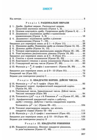 ЗМІСТ
Від автора З
Р о з д і л І. РАЦІОНАЛЬНІ ВИРАЗИ
§ 1. Дроби. Дробові вирази. Раціональні вирази.
Допустимі значення змінних (Уроки 1, 2) 5
§ 2. Основна властивість дробу. Скорочення дробу (Уроки 3, 4) . . . 9
§ 3. Додавання і віднімання дробів з однаковими
знаменниками (Уроки 5, 6) 16
§ 4. Додавання і віднімання дробів з різними
знаменниками (Уроки 7—10) 21
Завдання для перевірки знань до § 1—4 (Урок 11) 28
§ 5. Множення дробів. Піднесення дробу до степеня (Уроки 12,13). . 29
§ 6. Ділення дробів (Уроки 14, 15) 34
§ 7. Тотожні перетворення раціональних виразів (Уроки 16—18). . 38
§ 8. Розв'язування раціональних рівнянь (Уроки 19, 20) 44
Завдання для перевірки знань до § 5—8 (Урок 21) 50
§ 9. Степінь з цілим показником (Уроки 22, 23) 51
§ 10. Властивості степеня з цілим показником (Уроки 24—26) . . 55
§ 1 1 . Стандартний вигляд числа (Уроки 27, 28) 60
§ 1 2 . Функція у = - , її графік і властивості (Уроки 29, ЗО) . . . . 64
х
Завдання для перевірки знань до § 9—12 (Урок 31) 72
Резервний час (Урок 32) 73
Вправи для повторення розділу І 73
Р о з д і л II. КВАДРАТНІ КОРЕНІ. ДІЙСНІ ЧИСЛА
§ 13. Функція у = х2 та її графік (Урок 33) 85
§ 14. Квадратні корені. Арифметичний квадратний корінь
(Уроки 34, 35) 89
§ 1 5 . Раціональні числа. Ірраціональні числа. Дійсні числа.
Числові множини (Урок 36) 94
§ 16. Тотожність (yja)2 = а, а > 0. Рівняння х2 = а (Уроки 37, 38) . . 99
§ 1 7 . Арифметичний квадратний корінь з добутку,
дробу і степеня. Добуток і частка квадратних коренів.
Тотожність yja? =| а | (Уроки 39—41) 104
§ 1 8 . Тотожні перетворення виразів, що містять
квадратні корені (Уроки 42—44) 111
§ 19. Функція у = s[x, її графік і властивості (Урок 45) 119
Завдання для перевірки знань до § 13—19 (Урок 46) 123
Вправи для повторення розділу II 124
Р о з д і л III. КВАДРАТНІ РІВНЯННЯ
§ 20. Квадратні рівняння. Неповні квадратні рівняння,
їх розв'язування (Уроки 47, 48) 130
207
 