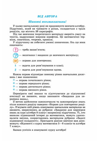 ВІД АВТОРА
Шановні восьмикласники!
У цьому навчальному році ви продовжуєте вивчати алгебру.
Підручник, який ви тримаєте в руках, складається з трьох
розділів, що містять 26 параграфів.
Під час вивчення теоретичного матеріалу зверніть увагу на
тексти, надруковані жирним шрифтом. Це математичні тер-
міни, означення, теореми, правила.
У підручнику ви побачите умовні позначення. Ось що вони
означають:
Q ) — треба запам'ятати;
( — запитання і завдання до вивченого матеріалу;
1 — задача для розв'язування в класі;
2 — задача для розв'язування вдома.
Кожна вправа відповідає певному рівню навчальних досяг-
нень і має позначення:
® — вправа початкового рівня;
® — вправа середнього рівня;
® — вправа достатнього рівня;
© — вправа високого рівня.
Перевірити свої знання та підготуватися до підсумкової
атестації ви зможете, якщо виконаєте «Завдання для пе-
ревірки знань».
З метою здійснення самоконтролю та самоперевірки знань
після кожного розділу наведено «Вправи для повторення розді-
лу». З'ясувати свій рівень опанування навчальним матеріалом ви
зможете, звернувшись до рубрики «Завдання для перевірки
знань за курс алгебри 8 класу» наприкінці підручника. Ті, хто
виявляє підвищений інтерес до математики, можуть удоско-
налити вміння, скориставшись матеріалом рубрики «Задачі
підвищеної складності». Пригадати раніше вивчене вам допо-
можуть «Відомості з курсу математики 5—6 класів та алгебри
7 класу».
Бажаю успіхів в опануванні курсу алгебри!
вправи для повторення;
 