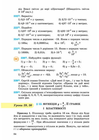 від Землі світло до зорі аЦентавра? (Швидкість світла
3-Ю5 км/с.)
332®. Виразіть:
1) 8,3 • 106 т у грамах; 2) 3,72 • 10"3 г у тоннах;
3) 4,9 -ІО"5 км у сантиметрах; 4) 4,97 ІО7 см у метрах.
333®. Подайте:
1) 3,87 - ІО5 см у кілометрах; 2) 4,92 -ІО"2 км у метрах;
3) 3,7 -1(Г3 кг у центнерах; 4) 1,8-ІО9 т у кілограмах.
334®. Порядок числа а дорівнює -18. Яким є порядок числа:
1) 100а; 2) 0,00001а; 3 ) а Ю 7 ; 4)
ІО"3 '
335®. Порядок числа b дорівнює 15. Яким є порядок числа:
1) ЮООЬ; 2)0,016; З)6 10"3;
ґ ч і 336®. Побудуйте графік функції:
1) У = 2х-1; 2)у=-5х; 3)у = - | х + 5;
4) у = - 5 ; 5) у =4; 6)у = 0,Зх + 2.
337®. Обчисліть значення виразу:
' ЯКЩ° * = -°'5; 2> *<-*<' ЯКЩ° У =10-12л; -4X 4у +4у
338®. Сергій сказав Олексію: «Дай мені 2 грн., і у нас їх буде
порівну». Олексій відповів Сергію: «Краще ти дай мені
2 грн., і у мене буде грошей удвічі більше, ніж у тебе».
Скільки грошей у кожного хлопця?
339®. Скільки непарних п'ятицифрових чисел можна скласти
із цифр 4; 5; 6; 7; 8, використовуючи кожну цифру тільки
один раз.
Уроки 29, ЗО § 1 2 ' Ф І К Ц І Я y = k
x, її ГРАФІК
І ВЛАСТИВОСТІ
Приклад 1. Пішоходу треба пройти 16 км. Якщо він буде
йти зі швидкістю v км/год, то залежність часу t (у год), який
він витратить на весь шлях, від швидкості руху виражається
1 Я
формулою t = — . При збільшенні значення v у кілька разів
V
значення t зменшується у стільки ж разів. Кажуть, що змінні
t і v обернено пропорційні.
 