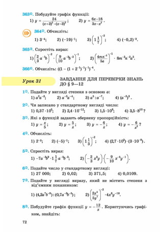 363©. Побудуйте графік функції:
1)У =
24
(х+3)-(х-3)
364®. Обчисліть:
1) З"4; 2) ( - 1 9 ) 1 ;
365®. Спростіть вираз:
2) у =
1) [ §а_1Ь 1
- 2
9 и-2
10
-1
6 * - 1 8
Зх-х2
3 ) 1
- 2
2)
4т п
5аV /
366®. Обчисліть: ((1 - (1 + г 1 ) 1 ) 1 ) - 4
4) (-0,2) 3.
8т~3п~2а5.
Урок 31 ЗАВДАННЯ ДЛЯ ПЕРЕВІРКИ ЗНАНЬ
ДО § 9 - 1 2
1®. Подайте у вигляді степеня з основою а:
1) a V 3 ; 2) a " V 4 ; 3) a5 :a- 7 ; 4) (a"2)3.
2®. Чи записано у стандартному вигляді число:
1) 0,37 • 105; 2) 2,4 • ІО-12; 3) 1,5 • 108; 4) 3,5 • 810 ?
З®. Які з функцій задають обернену пропорційність:
і )у = р
4®. Обчисліть:
2)y = |; з )У
6 ,
х'
4)y = - J ?
1)2-3; 2) (-5)1; 3 ) ( l | j ; 4) (2,7 ІО5)-(3-Ю"8).
5®. Спростіть вираз:
1) -7a~W Л^а-Ь-*; 2)1 - І А 1-І
9 „-5,-1
6®. Подайте число у стандартному вигляді:
1) 27 000; 2) 0,02; 3) 371,5; 4) 0,0109.
7®. Подайте у вигляді виразу, який не містить степеня з
від'ємним показником:
1) (4,2aV9): (0,7a"V5); 2) 2х4
5у
4х8у~16.
1 9
8®. Побудуйте графік функції у = -— . Користуючись графі-
ком, знайдіть:
72
 