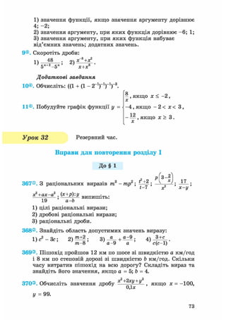 1) значення функції, якщо значення аргументу дорівнює
4; - 2 ;
2) значення аргументу, при яких функція дорівнює - 6 ; 1;
3) значення аргументу, при яких функція набуває
від'ємних значень; додатних значень.
9©. Скоротіть дроби:
і  48 ої х~3 +Х2
5"+2-5" ' ' х+х* '
Додаткові завдання
10®. Обчисліть: ((1 + (1 - 2-1)-1)-1)-3.
'о
- , якщо х < -2,
X
11®. Побудуйте графік функції у = і - 4 , якщо - 2 < х < 3,
1 2- — , якщо х > 3.X
Урок 32 Резервний час.
Вправи для повторення розділу І
До§ 1
367®. З раціональних виразів тп3 - тр2; ; „ ; ;
t—7 х х—у
х?+ах-а2 (х+р)у
; - — в и п и ш і т ь :
19 а-Ь
1) цілі раціональні вирази;
2) дробові раціональні вирази;
3) раціональні дроби.
368®. Знайдіть область допустимих значень виразу:
1) с2 - Зс; 2)^±|; + 4 ) - ^ - .
т-8 а- 9 а с(с-1)
369®. Пішохід пройшов 12 км по шосе зі швидкістю а км/год
і 8 км по степовій дорозі зі швидкістю b км/год. Скільки
часу витратив пішохід на всю дорогу? Складіть вираз та
знайдіть його значення, якщо а = 5; Ъ = 4.
370®. Обчисліть значення дробу якщо х = -100,
0,1*
У = 99.
73
 