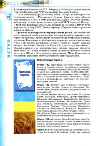 c
>
h
u
З утворенням Молдавської PCP 1940 року до її складу відійшла частина
території М олдавської АРСР, що раніше належала Україні.
Після закінчення Другої світової війни (1945 р.) за договором між
Ч ехословаччиною і Радянським Союзом Закарпатська область
возз’єдналася з УРСР. У 1945 році між Польщею і СРСР був підписа­
ний договір, згідно з яким частину території УРСР передано Польщі.
У 1954 році Кримську область, що входила до Російської РФСР, було
передано до складу УРСР. Відтоді територія України набула сучасних
розмірів і обрисів.
Сучасний адміністративно-територіальний устрій. Він передбачає
поділ території країни на окремі частини (адміністративно-тери­
торіальні одиниці) і призначений для полегшення управління нашою
державою. Головними адміністративно-територіальними одиницями
у нас є автономна республіка і області. Нині до складу У країни
входять Автономна Республіка Крим і 24 адміністративні області.
Області поділяють на адміністративні райони, загальна кількість
яких сягає 490. У всіх областях є міста обласного значення. Загалом
налічують 170 міст обласного підпорядкування. Міста Севастополь і
Київ мають особливий статус державного підпорядкування.
В Конституції України
Стаття 132. Територіальний устрій України ґрунту­
ється на засадах єдності та цілісності державної
території, поєднання централізації і децентралізації
у здійсненні державної влади, збалансованості і
соціально-економічного розвитку регіонів, з урахуван­
ням їх історичних, економічних, екологічних, геогра­
фічних і демографічних особливостей, етнічних і
культурних традицій.
Стаття 133. Систему адміністративно-територіаль­
ного устрою України складають: Автономна Рес­
публіка Крим, області, райони, міста, райони в містах,
селища і села.
До складу України входять: Автономна Республіка
Крим, Вінницька, Волинська, Дніпропетровська,
Донецька, Житомирська, Закарпатська, Запорізька,
Івано-Франківська, Київська, Кіровоградська, Луган­
ська, Львівська, Миколаївська, Одеська, Полтавська,
Рівненська, Сумська, Тернопільська, Харківська,
Херсонська, Хмельницька, Черкаська, Чернівецька,
Чернігівська області, міста Київ та Севастополь.
Міста Київ та Севастополь мають спеціальний статус,
який визначається законами України.
Стаття 134. Автономна Республіка Крим є невід’єм­
ною складовою частиною України і в межах повно­
важень, визначених Конституцією України, вирішує
питання, віднесені до її відання.
Стаття 135. Автономна Республіка Крим має Консти­
туцію Автономної Республіки Крим, яку приймає
 