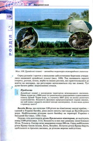 Мал. 109. Дунайські плавні - заповідна територія міжнародного значення
Серед рукавів і проток з низькими заболоченими берегами утвори­
лися знамениті дунайські плавні (мал. 109). Так називають зарості
очерету, рогози, осоки, верби та інш их рослин, які пристосувалися до
ж иття на заплавах, що регулярно затоплюються під час повені. Тут
дуже багато риби і водоплавних птахів.
p. Проблема
□ Дунайські плавні є заповідною територією міжнародного значення.
Однак попри це у 2004 році тут розпочалося спорудження судноплавного
каналу Дунай-Чорне море, а з початку 2007 року по ньому розпочато
судноплавство. Більшість фахівців природоохоронної справи вважає,
що цей канал завдасть великої шкоди заповіднику. А яка ваша думка
з приводу цього?
Басейн Вісли, щ о охоплю є 120 річок на північному заході країни, -
єдиний в Україні басейн, ріки якого несуть свої води до Балтійського
моря. Найбільшими річками цього басейну на території України є
Західний Буг (мал. 110) і Сан.
Окремо слід розглядати річки Кримського півострова, де налічують
понад 1500 річок (мал. 111). Більшість із них має довжину лише близько
10 км. Тільки р. Салгир сягає завдовжки понад 200 км. Серед найбільших
річок Криму також Альма, Кача, Бельбек. Початок річки Криму беруть
здебільшого в гірських масивах, де річкова мережа найгустіша.
■
 