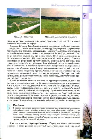 §29. Умови грунтоутворення
Мал. 131. Зрошення Мал. 132. Полезахисна лісосмуга
режими ґрунту, визначає структуру ґрунтового покриву і є основою
нанесення ґрунтів на карту.
Людина і ґрунт. Виробнича діяльність людини, особливо сільсько­
господарська, також впливає на процеси ґрунтоутворення. Обробляючи
ґрунт, людина здійснює меліорацію - систему заходів, спрямованих
на поліпш ення я к ості земель, підвищ ення їхньої родю чості. Так,
за допомогою осуш ення, зрошення (мал. 131), снігозатримання та
лісонасадження (мал. 132) регулюють водний режим ґрунту. З метою
підвищ ення родю чості ґрунту вносять різноманітні добрива, при
цьому часто докорінно змінюючи його хімічний склад, фізичні та теп­
лові властивості. Унаслідок промивання, гіпсування, вапнування, а
також поглиблюючи орний шар, висаджуючи спеціальні рослини,
людина змінює структуру ґрунту. Отже, з початком обробітку ґрунту
починає змінюватися і характер ґрунтоутворення. Він переходить від
природного до культурного етапу свого розвитку, до культурного про­
цесу ґрунтоутворення.
Проте не тільки людина впливає на ґрунтоутворення. Відомо, що
ґрунти є середовищем ж иття багатьох хвороботворних мікроорганіз­
мів і вірусів, які є збудниками різних тяж ких захворювань: холери,
тифу, сказу, сибірської виразки, дизентерії тощ о. На здоров’я людей
значно впливає й хімічний склад ґрунту. Дуже небезпечними для лю­
дини є солі важких металів, які часто потрапляють у ґрунтовий покрив
разом із добривами. Усі елементи, які є в ґрунті, засвоюють рослини, і
по ланцюгах живлення ці елементи врешті-решт потрапляють до організ­
му людини. Все це свідчить про необхідність санітарної охорони ґрунтів.
Проблема
и У наших населених пунктах часто порушуються встановлені санітарно-
епідеміологічною службою правила внесення мінеральних добрив, ство­
рення зелених насаджень навколо промислових підприємств, облашту­
вання каналізації та вивозу сміття. Запропонуйте вихід із ситуації, що
склалася. Яких правил слід обов’язково дотримуватися задля санітарної
охорони ґрунтів у вашій місцевості?
Ч ас як чинник ґрунтоутворення. Ґрунт не мож е утворитися
миттєво, а потім раптово зникнути. Ґрунтоутворення, як і будь-який
 