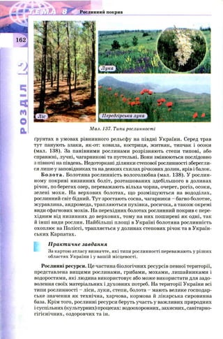 РОЗДІЛ
Рослинний покрив
Мал. 137. Типи рослинності
ґрунтах в умовах рівнинного рельєфу на півдні України. Серед трав
тут панують злаки, як-от: ковила, костриця, житняк, типчак і осоки
(мал. 138). За панівними рослинами розрізняють степи типові, або
справжні, лучні, чагарникові та пустельні. Вони змінюються послідовно
з півночі на південь. Недоторкані ділянки степової рослинності зберегли­
ся лише у заповідниках та на деяких схилах річкових долин, ярів і балок.
Б о л о т а . Болотяна рослинність вологолюбна (мал. 138). У рослин­
ному покриві низинних боліт, розташованих здебільшого в долинах
річок, по берегах озер, переважають вільха чорна, очерет, рогіз, осоки,
зелені мохи. На верхових болотах, що розміщ уються на вододілах,
рослинний світ бідний. Тут зростають сосна, чагарники - багно болотне,
журавлина, андромеда, трапляються пухівка, росичка, а також окремі
види сфагнових мохів. На перехідних болотах рослинний покрив є пере­
хідним від низинних до верхових, тому на них поширені як одні, так
й інші види рослин. Найбільші площі в Україні болотяна рослинність
охоплює на Поліссі, трапляється у долинах степових річок та в Україн­
ських Карпатах.
Практичне завдання
За картою атласу визначте, які типи рослинності переважають у різних
областях України і у вашій місцевості.
Рослинні ресурси. Це частина біологічних ресурсів певної території,
представлена вищими рослинами, грибами, мохами, лишайниками і
водоростями, які людина використовує або може використати для задо­
волення своїх матеріальних і духовних потреб. На території України всі
типи рослинності - ліси, луки, степи, болота - мають велике господар­
ське значення як технічна, харчова, кормова й лікарська сировинна
база. Крім того, рослинні ресурси беруть участь у важливих природних
і суспільних (культурних) процесах: водоохоронних, захисних, санітарно-
гігієнічних, оздоровчих та ін.
 