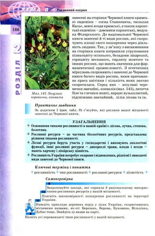 Рослинний покрив
занесені на сторінки Червоної книги кримсь­
кі ендеміки - сосна Станкевича, тюльпан
Кальє, вовчі ягоди кримські, а також карпат­
ські ендеміки - дзвоники карпатські, медун­
ка Ф ілярського. До національної Червоної
книги занесені й ті види рослин, які скоро­
чують площі свого поширення через діяль­
ність людини. Так, у зв’язку з виснаженням
на сторінки книги потрапили угруповання
пізньоцвіту осіннього, беладони лікарської,
горицвіту весняного, тирличу ж овтого та
інших рослин, що мають значення для фар­
мацевтичної промисловості. З естетичних
міркувань охороняють і занесені до Червоної
книги багато видів рослин, яким притаман­
на краса цвітіння і кількість яких значно
скоротилася. Серед них - зозулині чере­
вички звичайні, конвалія (мал. 141), латаття
Мал. 141. Зозулині біле та глечики жовті, нарцис вузьколистий,
черевички, конвалія підсніжник звичайний, лілія лісова та ін.
Практичне завдання
За додатком 1 (див. табл. 8) з’ясуйте, які рослини вашої місцевості
занесені до Червоної книги.
УЗАГАЛЬНЕННЯ
4 Основними типами рослинності в нашій країні є лісова, лучна, степова,
болотяна.
4 Рослинні ресурси - це частина біологічних ресурсів, представлена
різними типами рослинності.
4 Лісові ресурси беруть участь у господарстві і виконують екологічні
функції, інші рослинні ресурси - дикорослі трави, плоди і ягоди -
мають харчову і лікарську цінність.
4 Рослинність України потребує охорони і відновлення, рідкісні і зникаючі
види занесені до Червоної книги.
Ключові терміни і поняття
4 рослинність 4 тип рослинності 4 рослинні ресурси 4 лісистість 4
Самоперевірка
шшшшшшшшшяшшшшшштт"-'' ш
Запропонуйте заходи, які сприяли б раціональному в и к о р и ­
станню рослинних ресурсів у вашій місцевості.
Поясніть закономірності поширення рослинності на території
України.
Наведіть приклади деревних порід у лісах України, скориставшись
місцевими назвами, як-от: Березань, Борова, Буковина, Вільхівка,
Дубно тощо. Знайдіть ці назви на карті.
Назвіть усі переважаючі типи рослинності у вашій місцевості.
 
