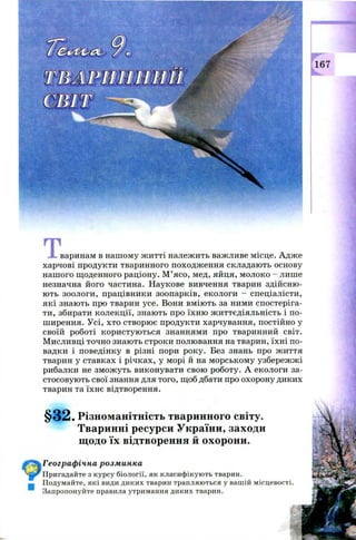 167
тJL варинам в наш ом у ж итті належ ить важ ливе місце. А дж е
харчові продукти тваринного походж ення складаю ть основу
наш ого щ оденного раціону. М ’ ясо, мед, яйця, м олоко - лиш е
незначна його частина. Н аукове вивчення тварин здійсн ю ­
ю ть зоологи, працівники зоопарків, екологи - спеціалісти,
які знаю ть про тварин усе. Вони вм ію ть за ними спостеріга­
ти, збирати к ол екції, знаю ть про їхн ю ж иттєдіяльн ість і п о­
ш ирення. У сі, хто створю є продукти харчування, постійно у
своїй роботі кори стую ться знаннями про тваринний світ.
М исливці точно знаю ть строки полювання на тварин, їхн і п о­
вадки і поведінку в різні пори року. Без знань про ж иття
тварин у ставках і річках, у морі й на м орськом у узбереж ж і
рибалки не зм ож уть виконувати свою роботу. А екологи за­
стосовую ть свої знання для того, щ об дбати про охорону диких
тварин та їхн є відтворення.
§ 3 2 . Різноманітність тваринного світу.
Тваринні ресурси України, заходи
щодо їх відтворення й охорони.
Географічна розминка
Пригадайте з курсу біології, як класифікують тварин.
Подумайте, які види диких тварин трапляються у вашій місцевості
Запропонуйте правила утримання диких тварин.
 