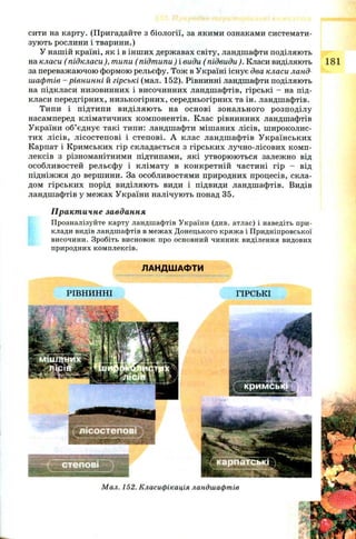 сити на карту. (Пригадайте з біології, за якими ознаками системати­
зують рослини і тварини.)
У нашій країні, як і в інш их державах світу, ландшафти поділяють
на класи ( підкласи), типи ( підтипи) і види ( підвиди). Класи виділяють 181
за переважаючою формою рельєфу. Тож в Україні існує два класи ланд­
шафтів - рівнинні й гірські (мал. 152). Рівнинні ландшафти поділяють
на підкласи низовинних і височинних ландшафтів, гірські - на під­
класи передгірних, низькогірних, середньогірних та ін. ландшафтів.
Типи і підтипи виділяю ть на основі зонального розподілу
насамперед кліматичних компонентів. Клас рівнинних ландшафтів
України об’єднує такі типи: ландшафти мішаних лісів, ш ироколис­
тих лісів, лісостепові і степові. А клас ландшафтів Українських
Карпат і Кримських гір складається з гірських лучно-лісових комп­
лексів з різноманітними підтипами, які утворюються залежно від
особливостей рельєфу і клімату в конкретній частині гір - від
підніжж я до вершини. За особливостями природних процесів, скла­
дом гірських порід виділяють види і підвиди ландшафтів. Видів
ландшафтів у межах України налічують понад 35.
Практичне завдання
Проаналізуйте карту ландшафтів України (див. атлас) і наведіть при­
клади видів ландшафтів в межах Донецького кряжа і Придніпровської
височини. Зробіть висновок про основний чинник виділення видових
природних комплексів.
ЛАНДШАФТИ
РІВНИННІ ГІРСЬКІ
 